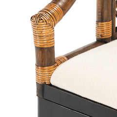 Armchair, Natural Wash Rattan, Black Solid Wood Legs, White Cotton Cushion