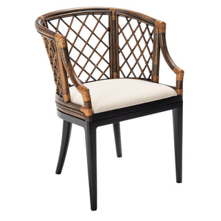 Armchair, Natural Wash Rattan, Black Solid Wood Legs, White Cotton Cushion