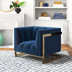 Armchair, Navy Blue Velvet with Tufted Metal Frame