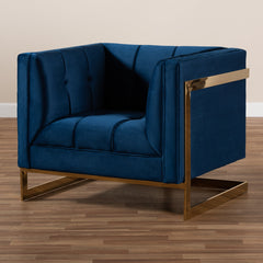 Armchair, Navy Blue Velvet with Tufted Metal Frame
