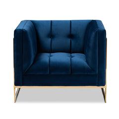 Armchair, Navy Blue Velvet with Tufted Metal Frame