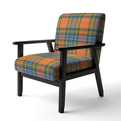 Armchair, Plaid Velvet, Orange Blue Yellow, Solid Wood Frame, Black Legs