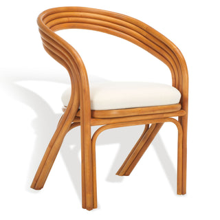 Armchair, Rattan Frame, Round Arms, White Linen Seat