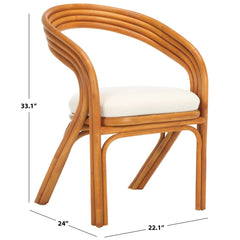 Armchair, Rattan Frame, Round Arms, White Linen Seat