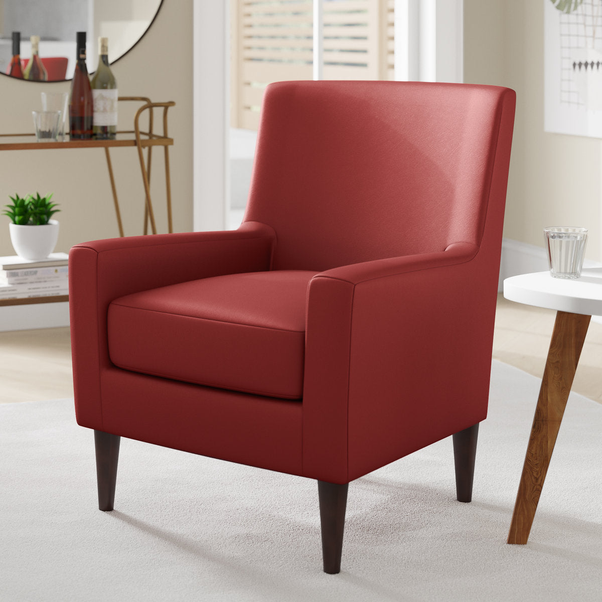 Armchair, Red Faux Leather with Walnut Legs