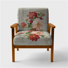 Armchair, Red Floral Velvet, Brown Square Arms
