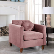 Armchair, Rose Velvet Upholstery, Brown Wood Legs
