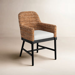 Armchair, Solid Mahogany with Wicker Rattan and Black Metal Legs