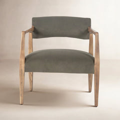 Armchair, Solid Oak Frame, Loden Velvet with Distressed Oak Legs