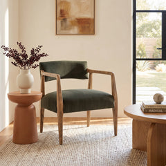 Armchair, Solid Oak Frame, Loden Velvet with Distressed Oak Legs