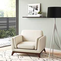 Armchair, Solid Wood Frame, Beige Polyester Blend Upholstery