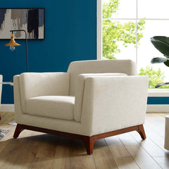 Armchair, Solid Wood Frame, Beige Polyester Blend Upholstery
