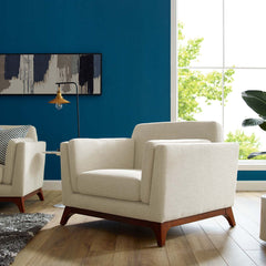 Armchair, Solid Wood Frame, Beige Polyester Blend Upholstery