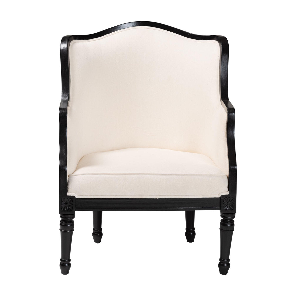 Armchair, Solid Wood Frame, Beige Polyester with Black Legs