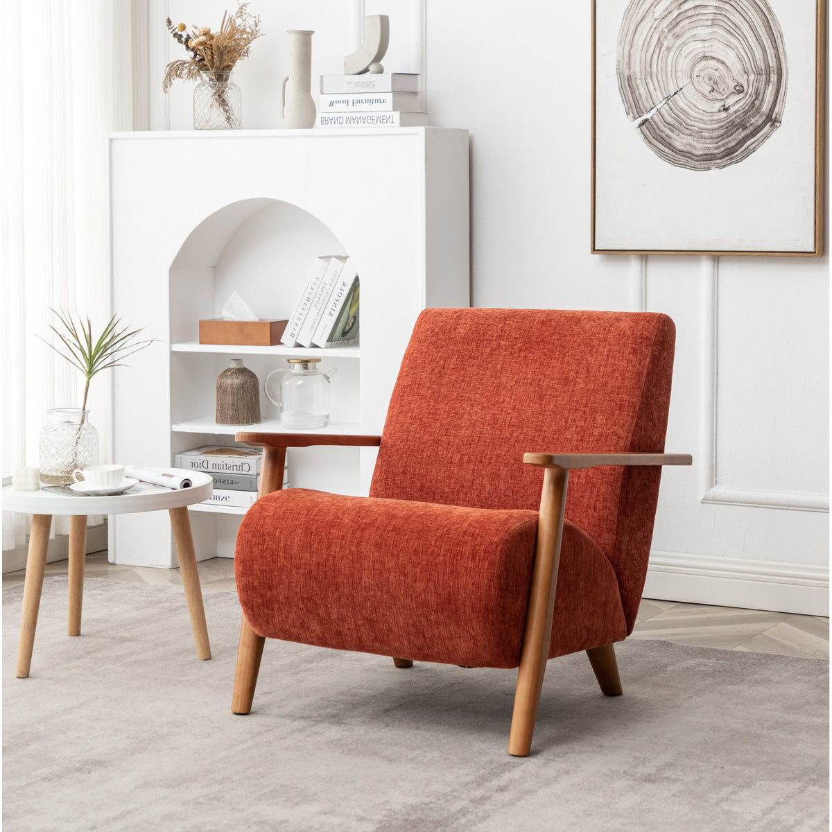 Armchair, Solid Wood Frame, Orange Chenille with Walnut Legs