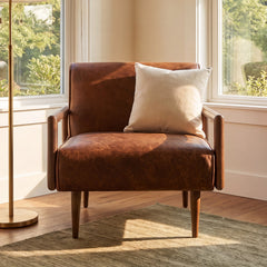 Armchair, Solid Wood Frame with Brown Leather