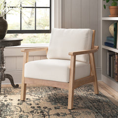 Armchair, Solid Wood Frame with Rattan Back, White Fabric