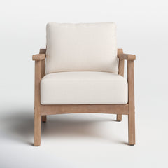 Armchair, Solid Wood Frame with Rattan Back, White Fabric