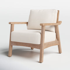 Armchair, Solid Wood Frame with Rattan Back, White Fabric