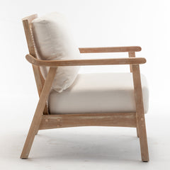 Armchair, Solid Wood Frame with Rattan Back, White Fabric