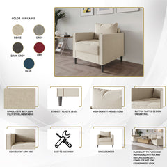 Armchair, Square Arms, Dark Gray Linen, Black Legs