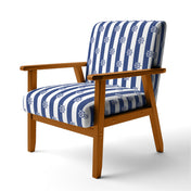 Armchair, Striped Velvet in White and Blue with Brown Wood Legs