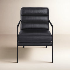 Armchair, Top Grain Leather Upholstery, Black Metal Legs