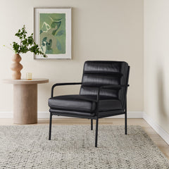 Armchair, Top Grain Leather Upholstery, Black Metal Legs