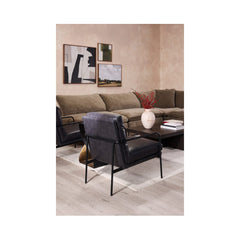 Armchair, Top Grain Leather Upholstery, Black Metal Legs