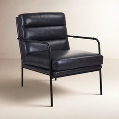 Armchair, Top Grain Leather Upholstery, Black Metal Legs