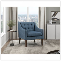 Armchair, Tufted Blue Polyester with Tapered Brown Wood Legs