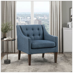 Armchair, Tufted Blue Polyester with Tapered Brown Wood Legs