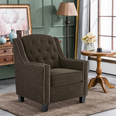 Armchair, Tufted Brown Chenille, Black Solid Wood Legs