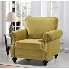 Armchair, Tufted Velvet in Strong Yellow with Brown Wood Legs