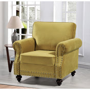 Armchair, Tufted Velvet in Strong Yellow with Brown Wood Legs
