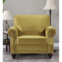 Armchair, Tufted Velvet in Strong Yellow with Brown Wood Legs