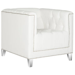 Armchair, Tufted White Cotton Upholstery with Birch Frame