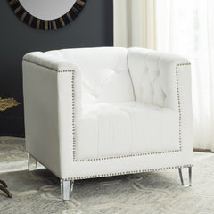 Armchair, Tufted White Cotton Upholstery with Birch Frame