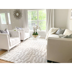 Armchair, Tufted White Cotton Upholstery with Birch Frame