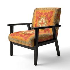 Armchair, Velvet Upholstery, Orange and Red Abstract Pattern, Black Legs