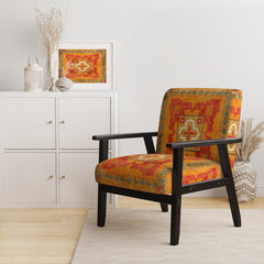 Armchair, Velvet Upholstery, Orange and Red Abstract Pattern, Black Legs
