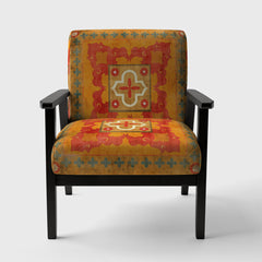 Armchair, Velvet Upholstery, Orange and Red Abstract Pattern, Black Legs