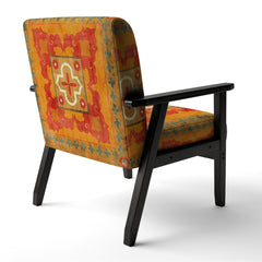 Armchair, Velvet Upholstery, Orange and Red Abstract Pattern, Black Legs