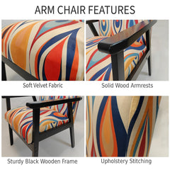 Armchair, Velvet Upholstery, Orange and Red Abstract Pattern, Black Legs
