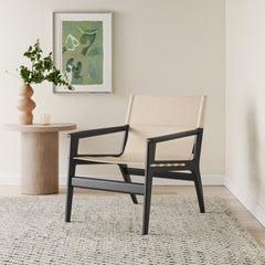 Armchair, White Leather with Black Wood Legs