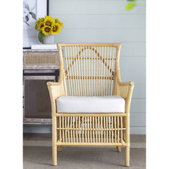 Armchair, Wicker Frame with White Cushion and Natural Finish