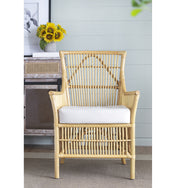 Armchair, Wicker Frame with White Cushion and Natural Finish