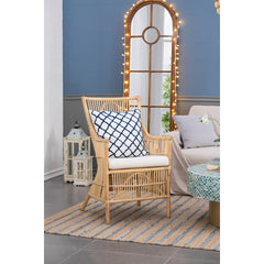 Armchair, Wicker Frame with White Cushion and Natural Finish