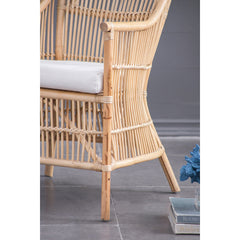 Armchair, Wicker Frame with White Cushion and Natural Finish