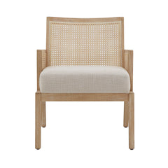 Armchair with Beige Fabric Upholstery and Natural Wood Frame